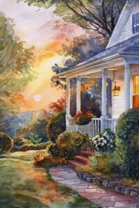 A watercolor painting of a cozy house at sunset, with warm light spilling from the windows, surrounded by lush greenery and a path leading up to the front porch.