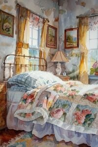 Watercolor painting of a cozy bedroom with a quilt-covered bed, sunlit curtains, and floral decor creating a warm, inviting atmosphere.
