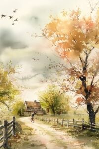 Watercolor painting of a country road leading to a farmhouse, with a cyclist in the distance. The scenery is rich with autumn leaves in shades of orange, yellow, and green, and a few birds flying in the sky.