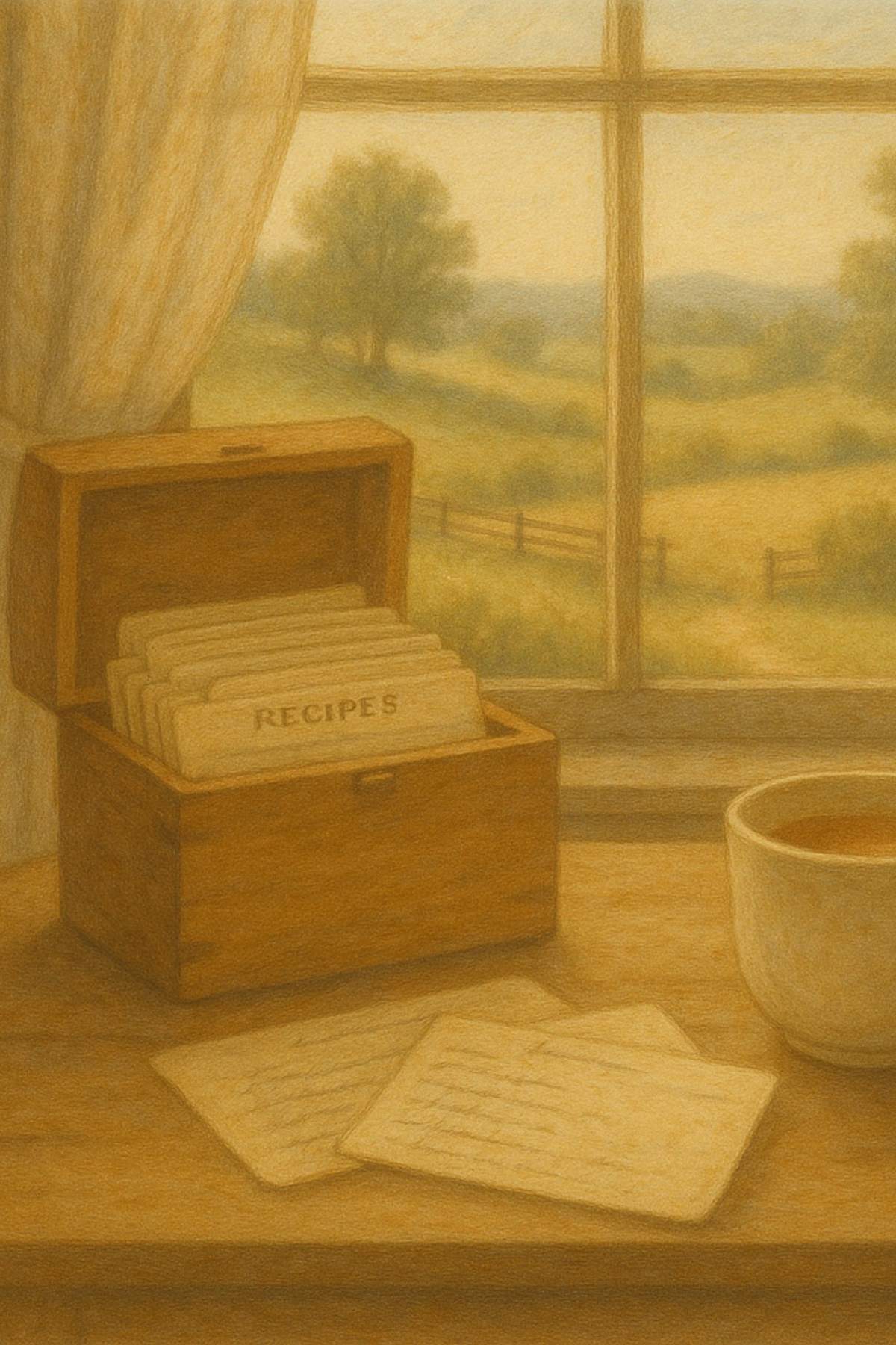 recipe cards on counter in front of wooden box.