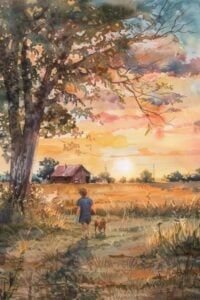 A picturesque watercolor painting of a sunset over a rural landscape, showing a child and a dog walking on a path towards a distant barn, framed by trees and a vivid sky.