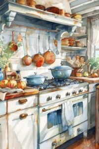 A well-equipped kitchen ready for canning, with pots and utensils neatly organized and a stove set for cooking.