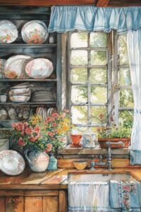 A watercolor painting of a charming kitchen with shelves displaying floral-patterned dishes, a window with light blue curtains, and potted flowers on the windowsill.