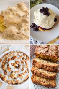 grid of 4 country style breakfasts.