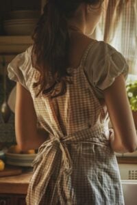 Back view of a woman wearing a gingham apron, standing in a rustic kitchen. Her hair is tied back in a braid and she looks out of a sunlit window beside a counter filled with lemons