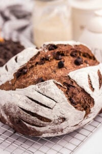finished sourdough chocolate loaf on cooling rack.