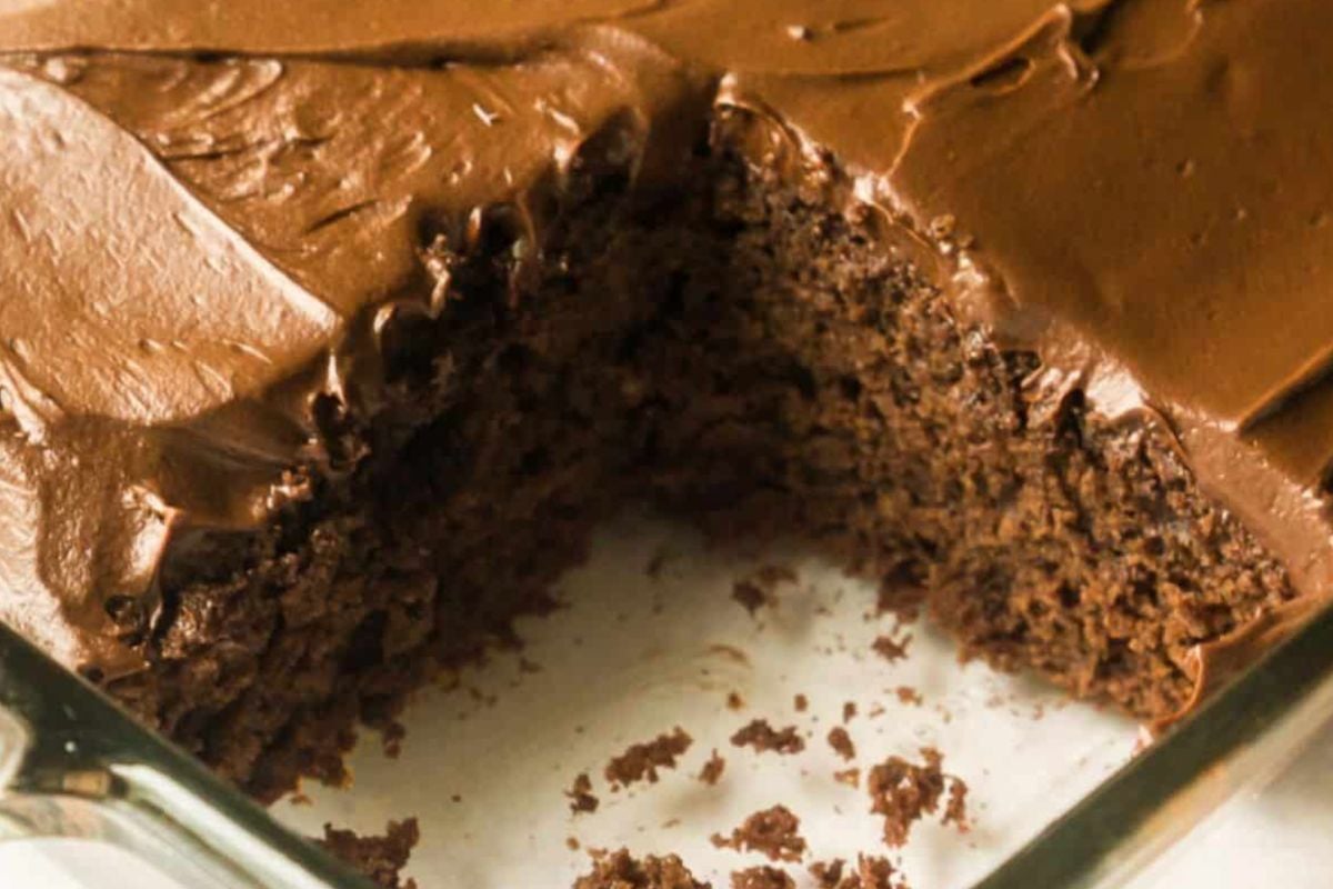 frosted chocolate cake in pan with slice removed.