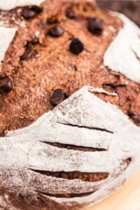 Close-up of a freshly baked chocolate sourdough bread loaf with visible chocolate chips and a rustic, floured crust.