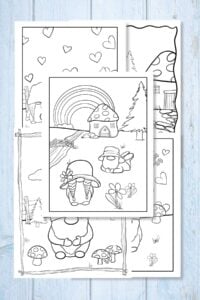 A collection of gnome coloring pages featuring adorable gnomes in various scenes, ideal for creative fun.