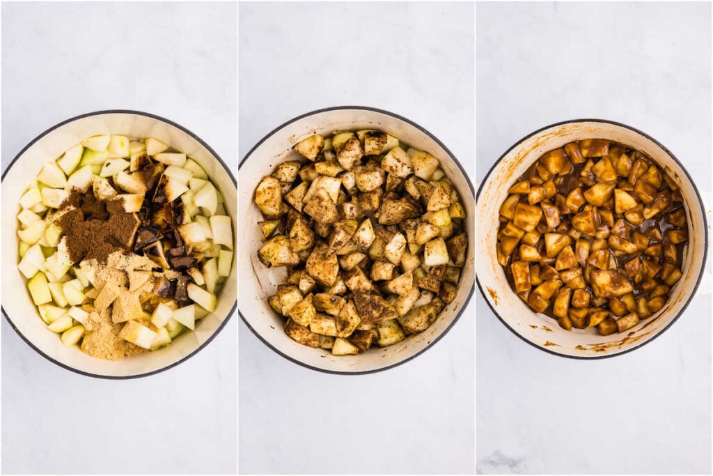 a pot filled with chopped pears and spices.