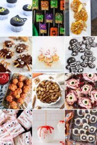 A collage of various Farmhouse Halloween Recipes, including black cat cupcakes, decorated Rice Krispie treats, caramel apple pops, spider cookies, fall leaf cupcake toppers, black cocoa skeleton cookies, spooky potato skulls, candied pumpkin seeds, Halloween antipasto eyeballs, mummy Rice Krispie treats, blood-splattered white candy apples, and owl eye cookies.