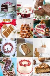 A collage of different beautiful Christmas cakes, showcasing a variety of designs and decorations.