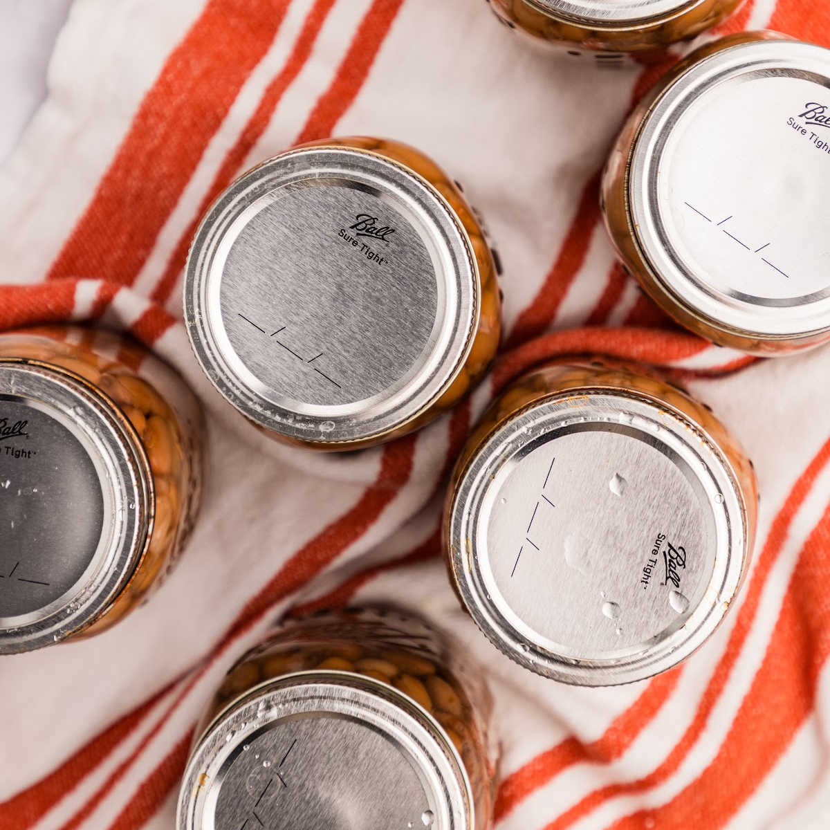 top view of jars filled with pressure canned pinto beans on a red and white striped towel.