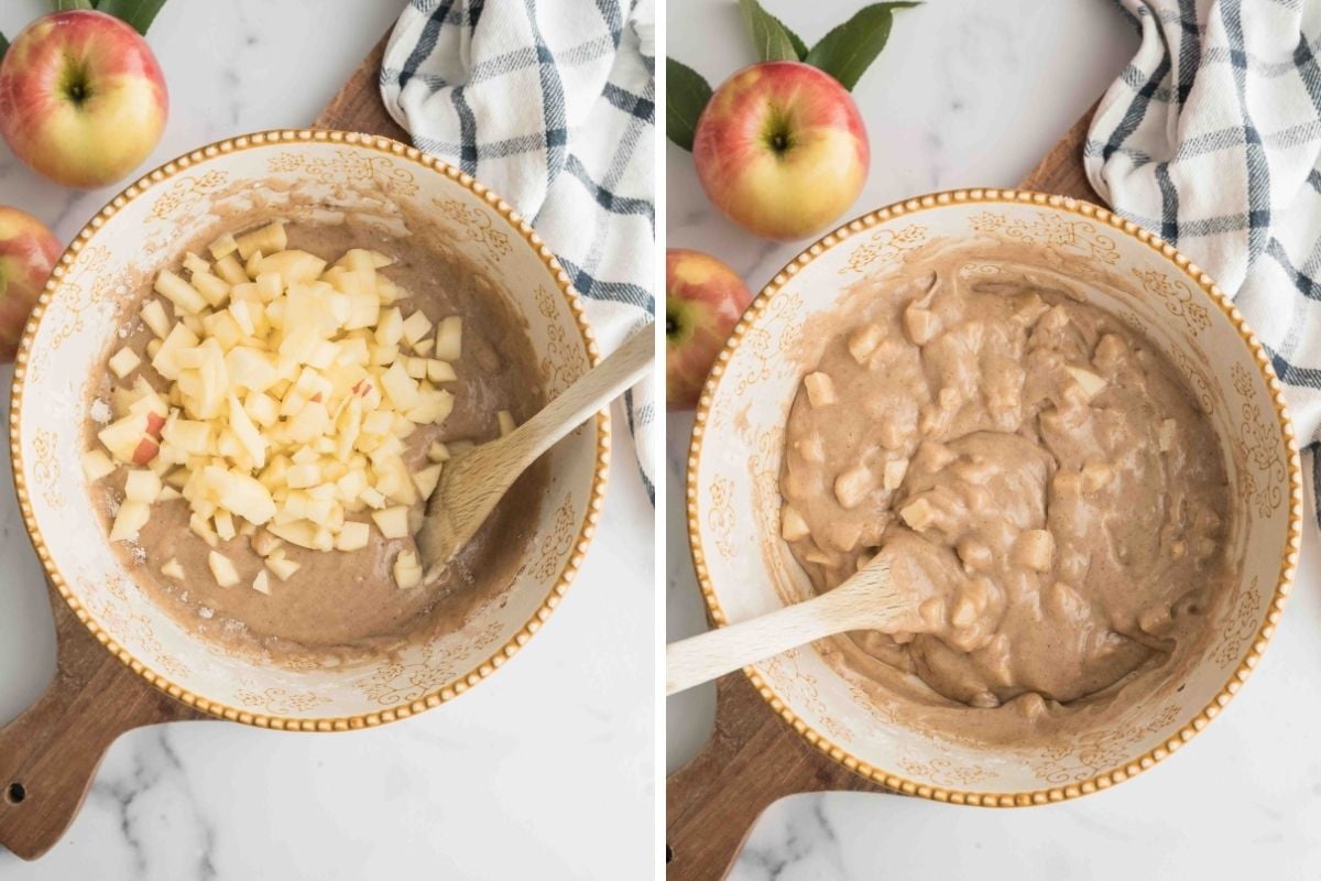 fixed apples in batter before and after mixing.