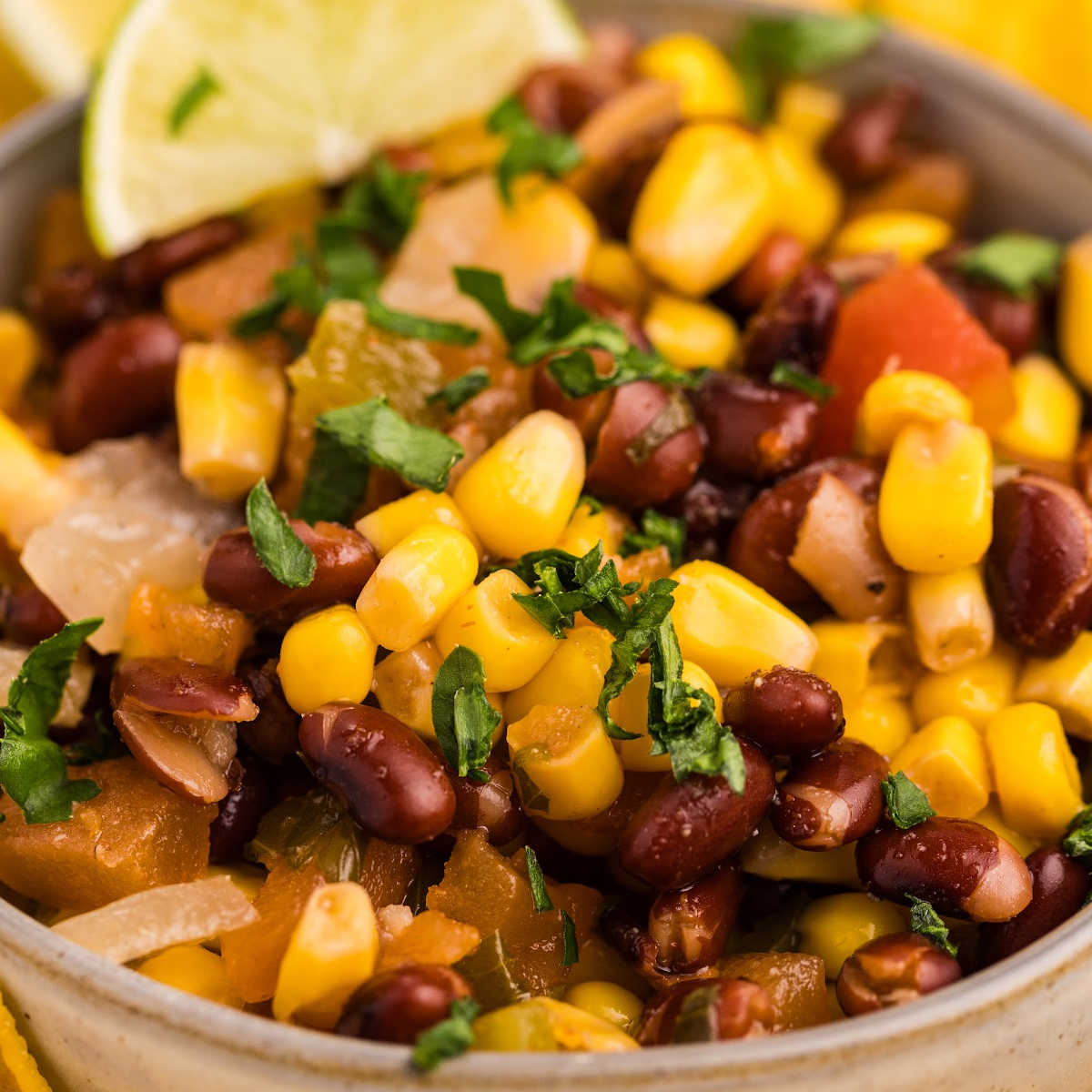 close up of bowl of black bean and corn salsa.