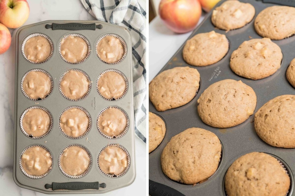 batter scooped into muffin tins before and after baking.