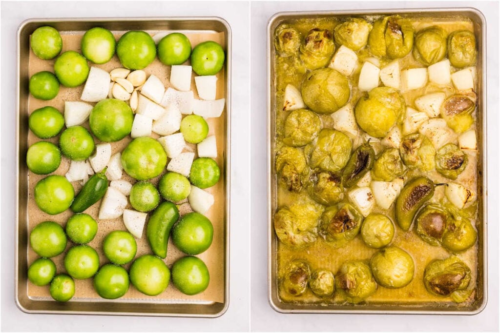veggies on baking sheet before and after roasting.