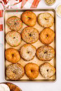overhead view of sourdough bagels on baking sheet.