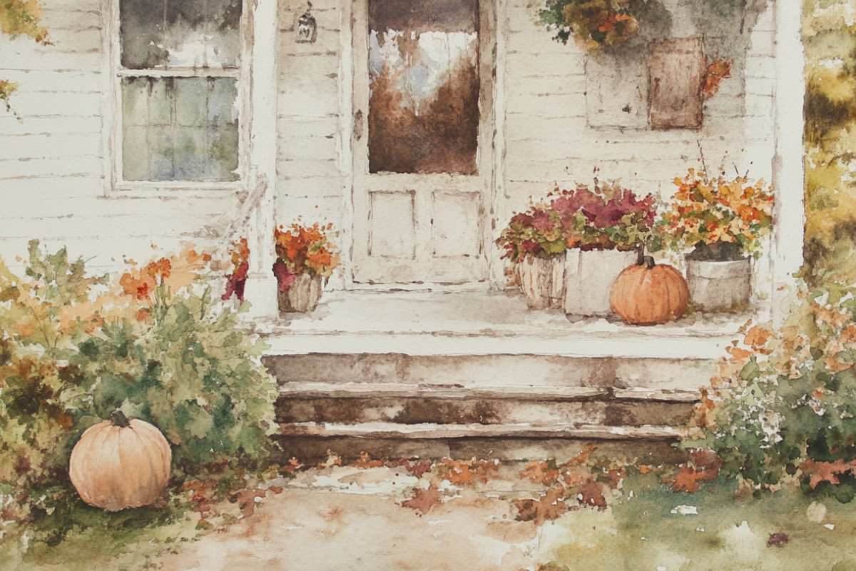 watercolor of porch with pumpkins and mums