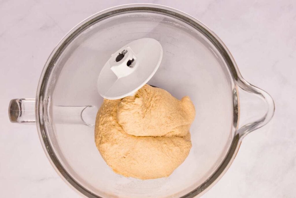 dough kneaded into ball with dough hook.