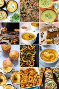 A collage of winter squash dishes, including stuffed squash, soups, and roasted vegetables.