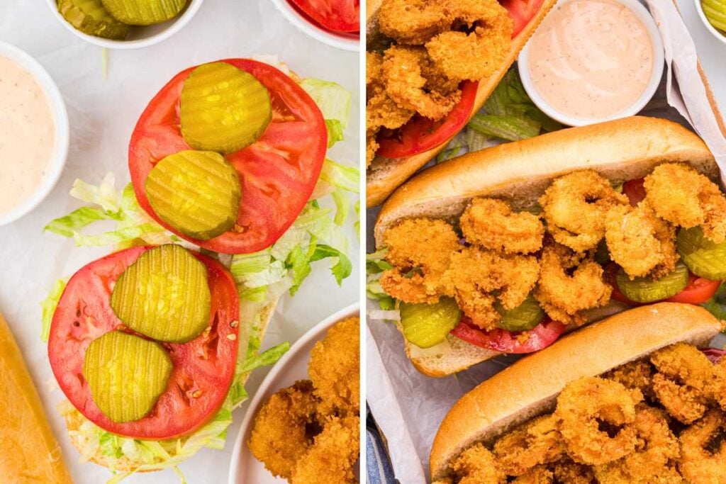 open-faced sandwich with lettuce, tomatoes, and pickles, topped with fried shrimp and remoulade sauce.