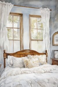A watercolor painting of a cozy, sunlit bedroom with a wooden bed frame, white bedding, and light streaming through the windows, creating a serene atmosphere.