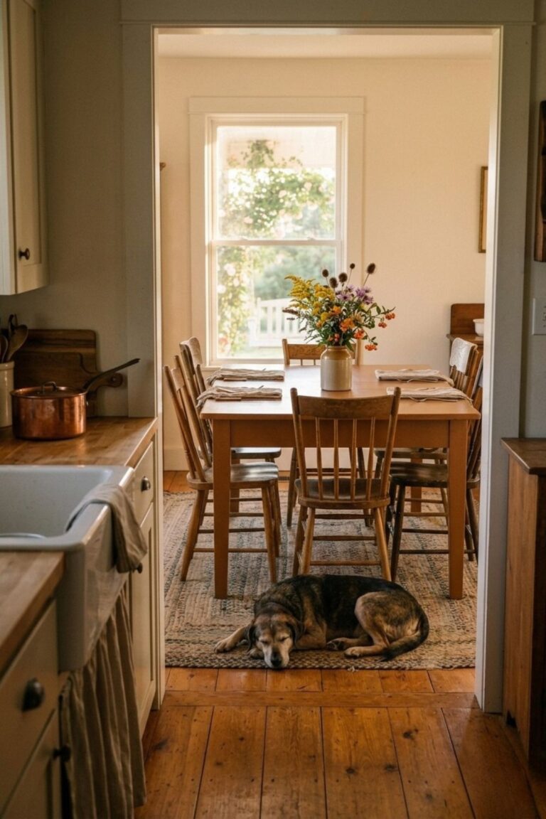 sunny dining room viewed from kitchen.