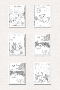 A collage of six printable woodland coloring pages, featuring various woodland animals like bears, a fox, a badger, and a bunny in different forest settings.