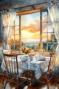 A bright dining area with a table set for a meal, bathed in the warm light of a sunset visible through a large window.