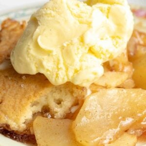 A serving of apple cobbler topped with melting vanilla ice cream on a plate, highlighting the tender apple slices and crisp topping.