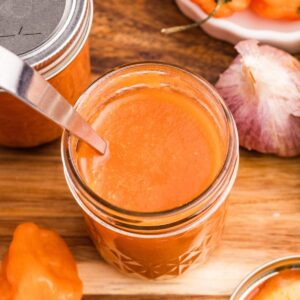 overhead view of hot sauce in jar.