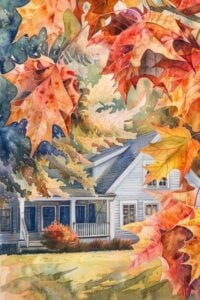 A white house with a front porch, framed by colorful fall leaves in shades of orange, red, and yellow.