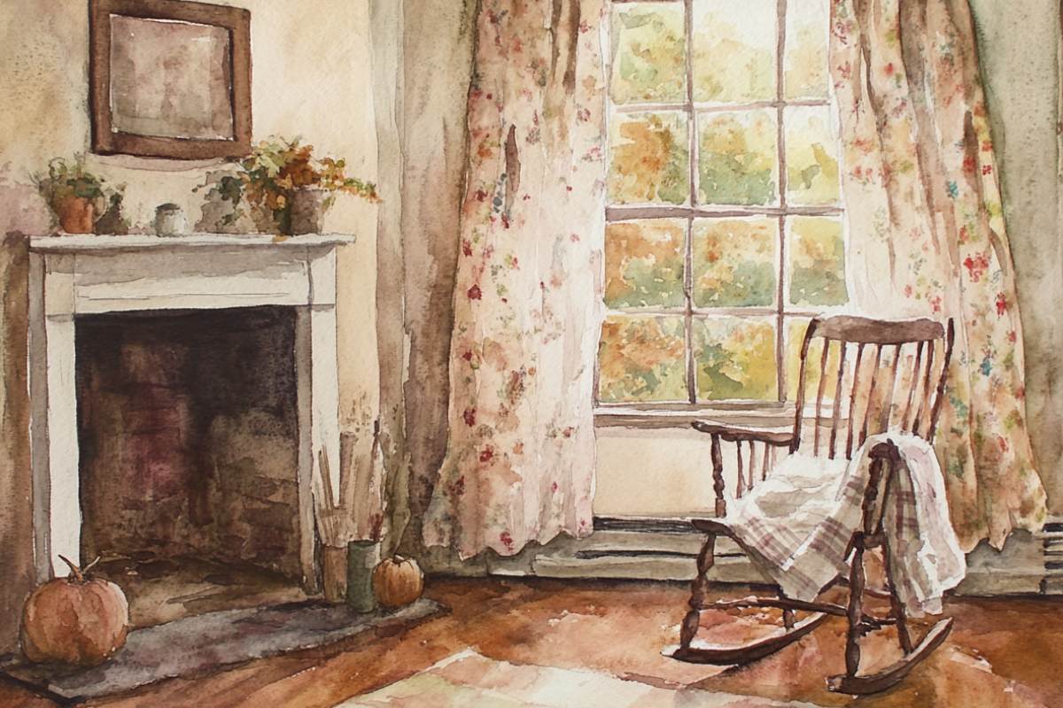 autumn living room with curtains and plaid blanket.