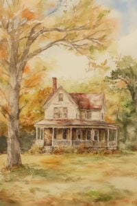 view of country home in fall surrounded by trees.
