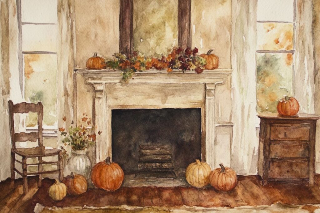 fireplace surrounded by pumpkins