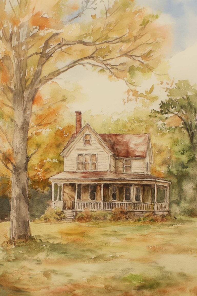 view of country home in fall surrounded by trees.
