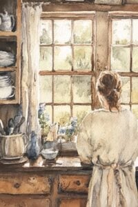 woman looking out window.