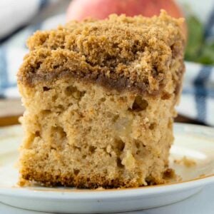 A close-up square slice of Sourdough Apple Spice Coffee Cake, showcasing the moist texture and crumbly top.