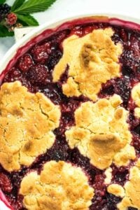 close up of berry cobbler with cookie topping.