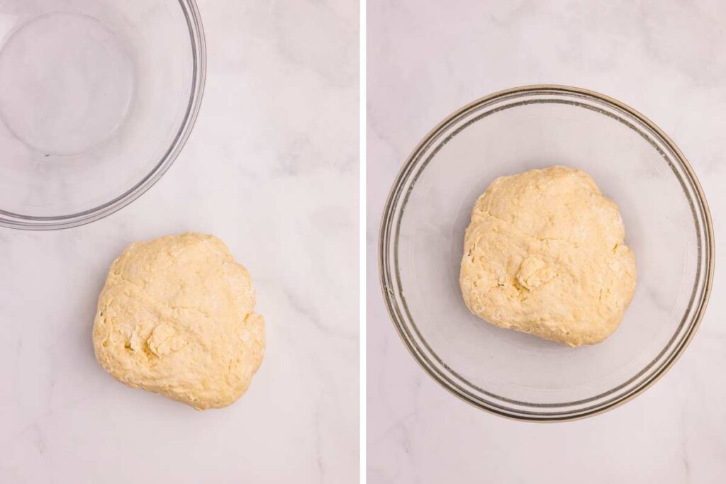 overhead shot of dough removed and put into greased bowl.