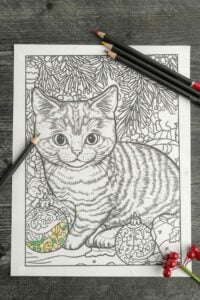 A close-up of a Christmas Cat Coloring Page partially colored with red, green, and yellow pencils, alongside a sprig of red berries.