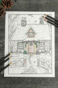 overhead view of cottage at christmas being colored in.