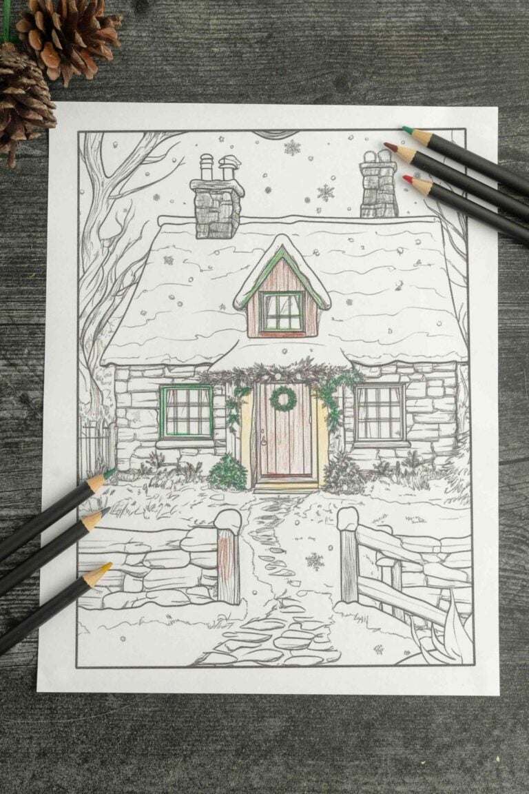 overhead view of cottage at christmas being colored in.