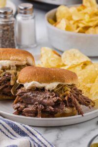 front shot of slider on plate with chips.