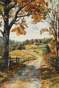 autumn scene with gravel driveway and cows in background.