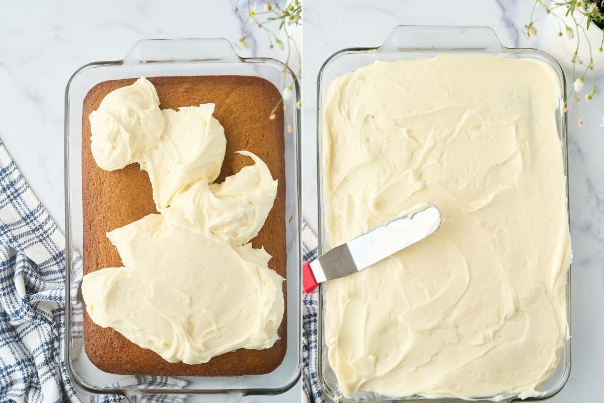 split image showing process of spreading frosting on top.