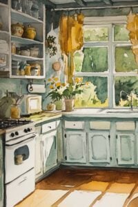 sunny kitchen scene with blue cabinets and a big window.