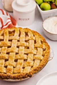 apple pie on marble counter.