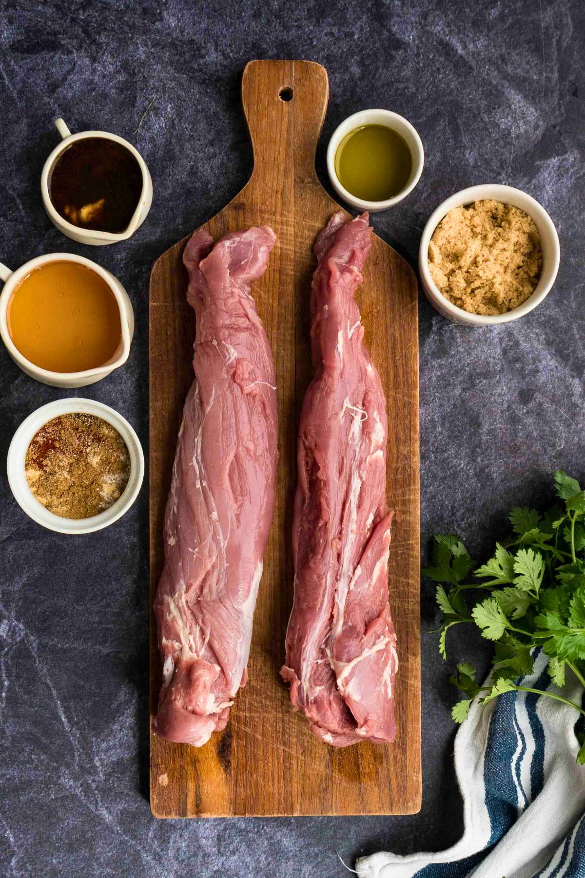overhead shot of pork tenderloin and other ingredients.
